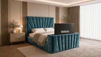 Crushed Velvet Teal - Solaris Luxury Sunburst TV Bed – Designer Upholstered Bed Frame with Integrated TV Footboard