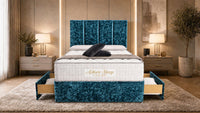 Crushed Velvet Teal - Kensington Grande Luxury Divan Bed – Premium Upholstered Bed Frame with Tall Vertical Panel Headboard