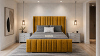 Plush Velvet Mustard Gold - Mayfair Luxury Panelled Bed – Premium Upholstered Bed Frame with Statement Headboard & Footboard