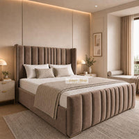 Naples Mink - Grosvenor Luxury Winged Panel Bed – Designer Upholstered Bed Frame with Statement Headboard & Footboard
