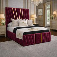 Crushed Velvet Aubergine - Valentina Royale Luxury Upholstered Bed Frame – Statement Winged Headboard, Panelled Footboard