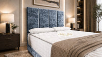 Crushed Velvet Denim Blue - Kensington Grande Luxury Divan Bed – Premium Upholstered Bed Frame with Tall Vertical Panel Headboard