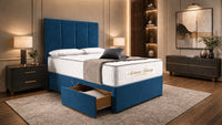 Naples Blue - Kensington Grande Luxury Divan Bed – Premium Upholstered Bed Frame with Tall Vertical Panel Headboard