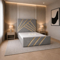 Plush Velvet Silver - Monaco Luxury Geometric Bed – Designer Upholstered Bed Frame with Metallic Inlay Detailing