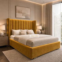Plush Velvet Mustard Gold - Harrington Luxury Wingback Bed – Premium Upholstered Bed Frame with Tall Panel Headboard