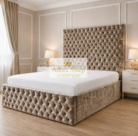 Crushed Velvet Mink - Sovereign Élan Luxury Upholstered Bed – Deep Button-Tufted Headboard & Padded Statement Frame