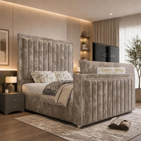 Crushed Velvet Mink - Savoy Luxury Piped Panel TV Bed – Designer Upholstered Bed Frame with Integrated TV Footboard