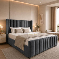 Naples Charcoal - Grosvenor Luxury Winged Panel Bed – Designer Upholstered Bed Frame with Statement Headboard & Footboard