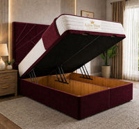 Plush Velvet Maroon - Meridian Abstract Geometry Ottoman Divan Bed | Luxury Hydraulic Storage Bed Frame