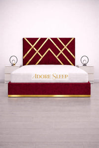 Plush Velvet Maroon - Regalia Noir Luxury Upholstered Bed – Geometric Designer Headboard with Metallic Accent Detailing