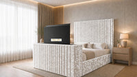 Crushed Velvet White - Montreux Luxury Fluted TV Bed – Premium Upholstered Bed Frame with Integrated TV Footboard