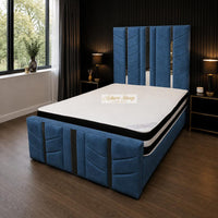 Naples Blue - Chevronne Luxury Chevron Panel Bed – Designer Upholstered Bed Frame with Metallic Inlay Detailing