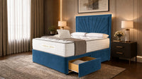 Plush Velvet Sapphire - Aurelia Luxury Sunburst Divan Bed – Designer Upholstered Bed Frame