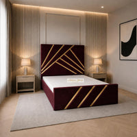 Plush Velvet Maroon - Monaco Luxury Geometric Bed – Designer Upholstered Bed Frame with Metallic Inlay Detailing