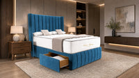 Naples Blue - Valentina Vertical Luxe Divan Bed – Channelled Statement Headboard & Storage