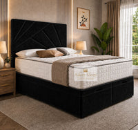 Plush Velvet Black - Meridian Abstract Geometry Ottoman Divan Bed | Luxury Hydraulic Storage Bed Frame