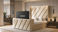 Crushed Velvet Gold - Ascot Luxury Diagonal Panel TV Bed – Designer Upholstered Bed Frame with Integrated TV Footboard