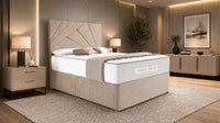 Naples Beige - Aurelia Geometric Luxe Divan Bed with Statement Panelled Headboard & Storage