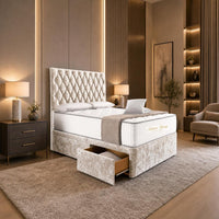 Crushed Velvet Cream - Regency Diamond Luxury Divan Bed – Deep Button-Tufted Headboard with Premium Upholstered Frame & Storage