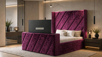 Crushed Velvet Aubergine - Ascot Luxury Diagonal Panel TV Bed – Designer Upholstered Bed Frame with Integrated TV Footboard