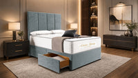 Plush Velvet Duck Egg - Kensington Grande Luxury Divan Bed – Premium Upholstered Bed Frame with Tall Vertical Panel Headboard
