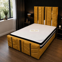 Plush Velvet Mustard Gold - Chevronne Luxury Chevron Panel Bed – Designer Upholstered Bed Frame with Metallic Inlay Detailing