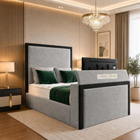Naples Silver - Claridge Luxury Framed TV Bed – Premium Upholstered Bed Frame with Integrated TV Footboard