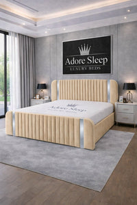 Naples Sand - Spencer Luxury Curved Fluted Bed Frame with Gold Strip – Upholstered