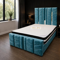Crushed Velvet Teal - Chevronne Luxury Chevron Panel Bed – Designer Upholstered Bed Frame with Metallic Inlay Detailing