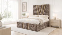 Crushed Velvet Mink - Monaco V-Line Luxury Geometric Ottoman Storage Bed