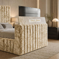 Crushed Velvet Gold - Mayfair Luxury Channelled TV Bed – Premium Upholstered Bed Frame with Integrated TV Footboard