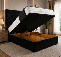 Plush Velvet Black - Meridian Abstract Geometry Ottoman Divan Bed | Luxury Hydraulic Storage Bed Frame