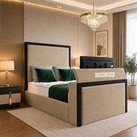 Naples Sand - Claridge Luxury Framed TV Bed – Premium Upholstered Bed Frame with Integrated TV Footboard