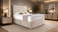 Crushed Velvet Cream - Aurelia Geometric Luxe Divan Bed with Statement Panelled Headboard & Storage
