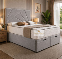 Plush Velvet Silver - Meridian Abstract Geometry Ottoman Divan Bed | Luxury Hydraulic Storage Bed Frame