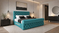 Plush Velvet Teal - Windsor Chesterfield Luxury Scroll Bed Frame