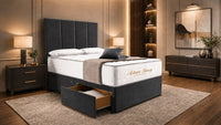 Naples Charcoal - Kensington Grande Luxury Divan Bed – Premium Upholstered Bed Frame with Tall Vertical Panel Headboard
