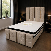 Plush Velvet Beige - Chevronne Luxury Chevron Panel Bed – Designer Upholstered Bed Frame with Metallic Inlay Detailing