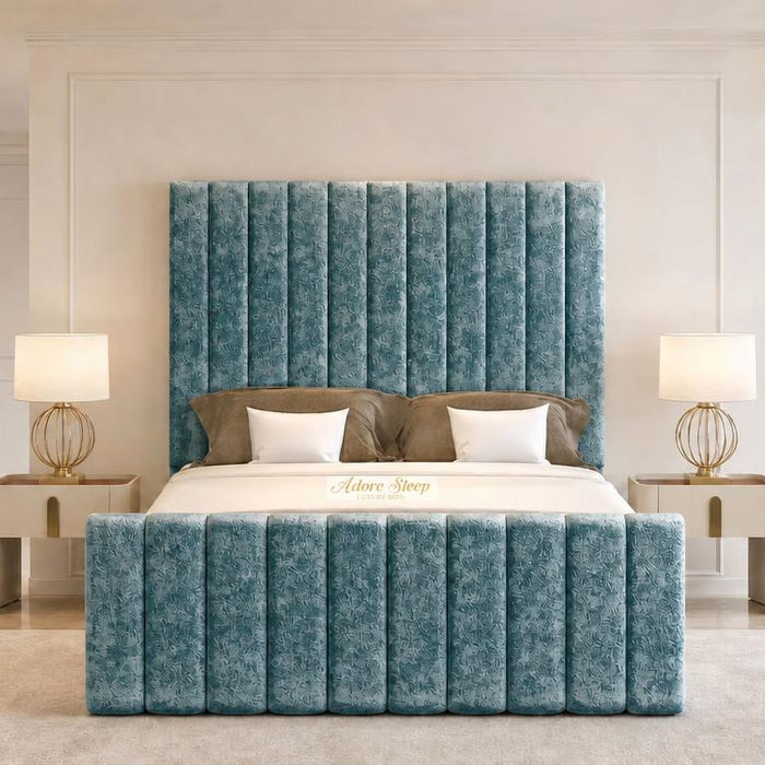 Crushed Velvet Teal - Langham Column Luxury Panelled Ottoman Storage Bed
