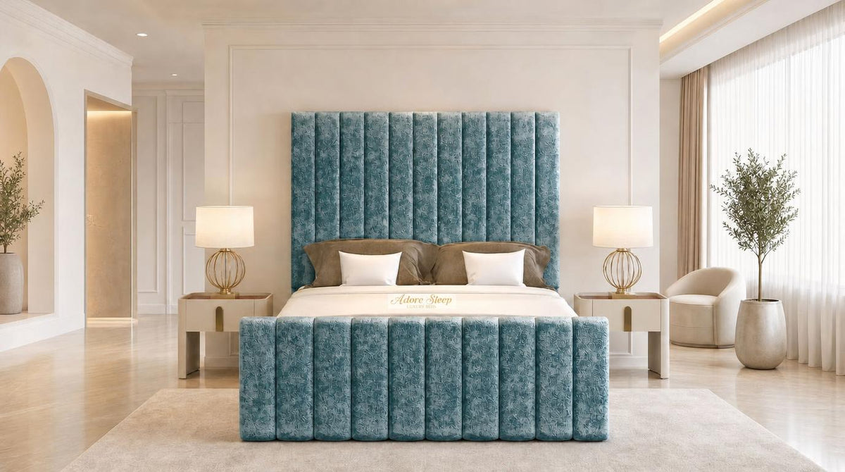 Crushed Velvet Teal - Langham Column Luxury Panelled Ottoman Storage Bed