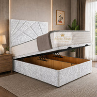 Crushed Velvet White - Meridian Abstract Geometry Ottoman Divan Bed | Luxury Hydraulic Storage Bed Frame