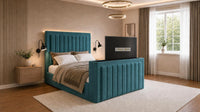 Plush Velvet Teal - Carlton Luxury Panelled TV Bed – Premium Upholstered Bed Frame with Integrated TV Footboard