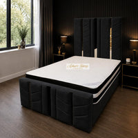Plush Velvet Black - Chevronne Luxury Chevron Panel Bed – Designer Upholstered Bed Frame with Metallic Inlay Detailing
