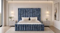 Crushed Velvet Denim Blue - Savoy Luxury Panel Bed – Premium Upholstered Bed Frame with Grand Framed Headboard