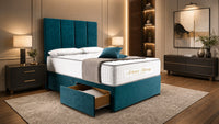 Plush Velvet Teal - Kensington Grande Luxury Divan Bed – Premium Upholstered Bed Frame with Tall Vertical Panel Headboard
