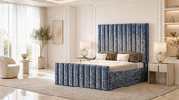 Crushed Velvet Denim Blue - Langham Column Luxury Panelled Ottoman Storage Bed