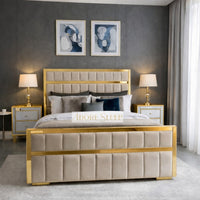 Plush Velvet Beige - Aurelius Linear Upholstered Designer Bed | Luxury Gold Frame Statement Bed