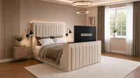 Naples Sand - Carlton Luxury Panelled TV Bed – Premium Upholstered Bed Frame with Integrated TV Footboard