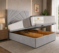 Plush Velvet Silver - Meridian Abstract Geometry Ottoman Divan Bed | Luxury Hydraulic Storage Bed Frame
