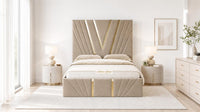 Naples Beige - Monaco V-Line Luxury Geometric Ottoman Storage Bed
